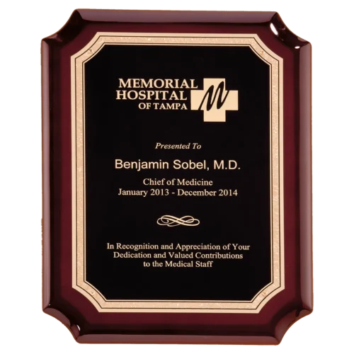 High Gloss Rosewood Plaque with Gold Florentine Border Black LaserFX Plate