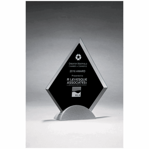 Diamond Shaped Glass Award, Black Silkscreen on Silver Metal Base - Image 2
