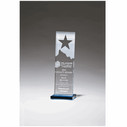Etched Clear Glass Award with Star and Mountain Peak on Blue Glass Base