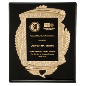 Black Piano Finish Plaque with Gold Scroll Frame & Black LaserFX Plate