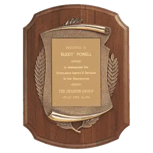 American Walnut Notch Corner Plaque w/Antique Bronze Scroll/Brushed Brass Plate