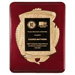 Rosewood Piano Finish Plaque with Gold Scroll Frame & Black LaserFX Plate