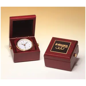 Hand Rubbed Mahogany Finish Box Clock, Metal Goldtone Knobs and Velour Lined Lid