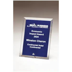 Clear Glass Plaque with Painted Blue Background, Silver Plated Easel Post