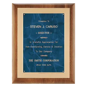 American Walnut Plaque w/Frost Gold Back Plate & Sapphire Marble LaserFX Plate