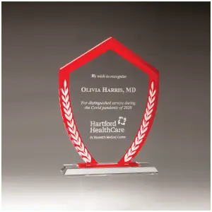 Shield Shaped Glass Award with Red Border and White Laurel Leaves